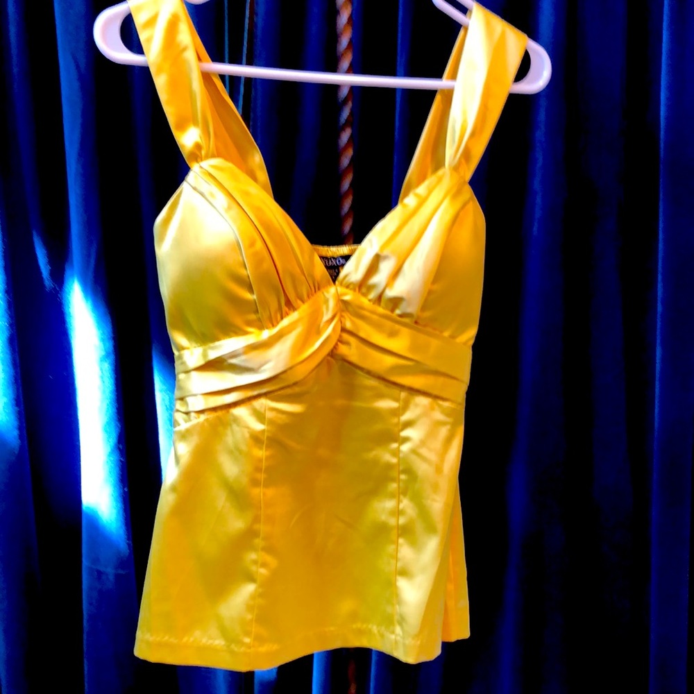 XOXO S!xy yellow satin top w gathering at bust bra pads stretch back wide straps